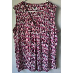 Anne Klein Women's Pleated Front Sleeveless Top Geometric Design Pink/Black Sz L